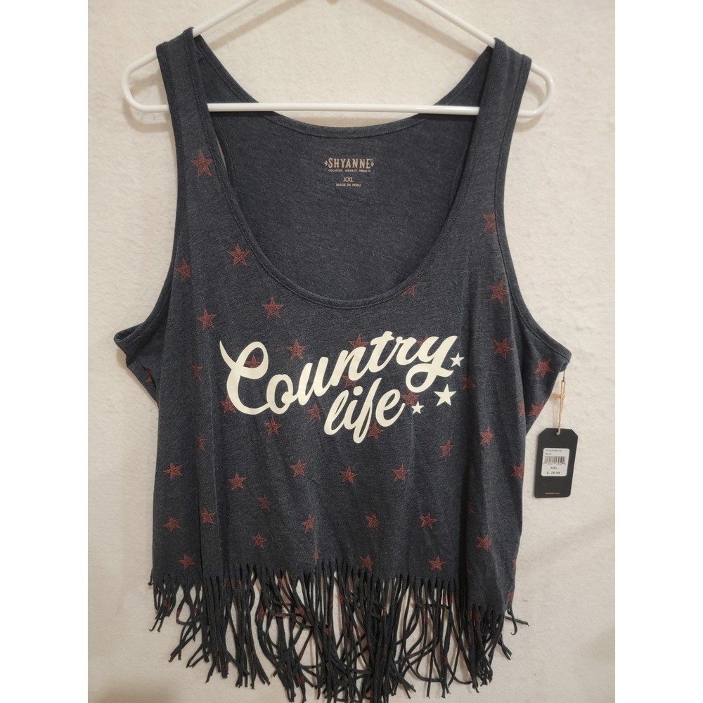 Shyanne NWT Country Life Fringe Tank Top XXL Navy Red Stars Western Cowgirl